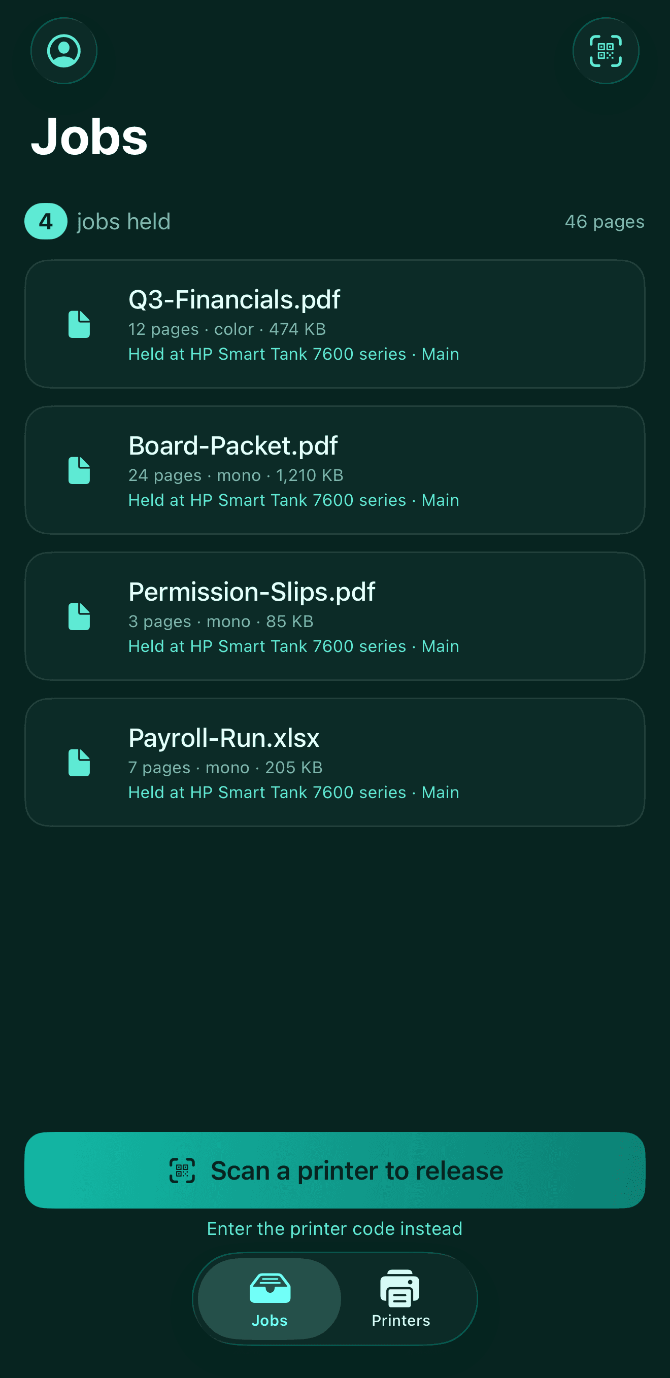 PrintFlow iOS — Your held jobs